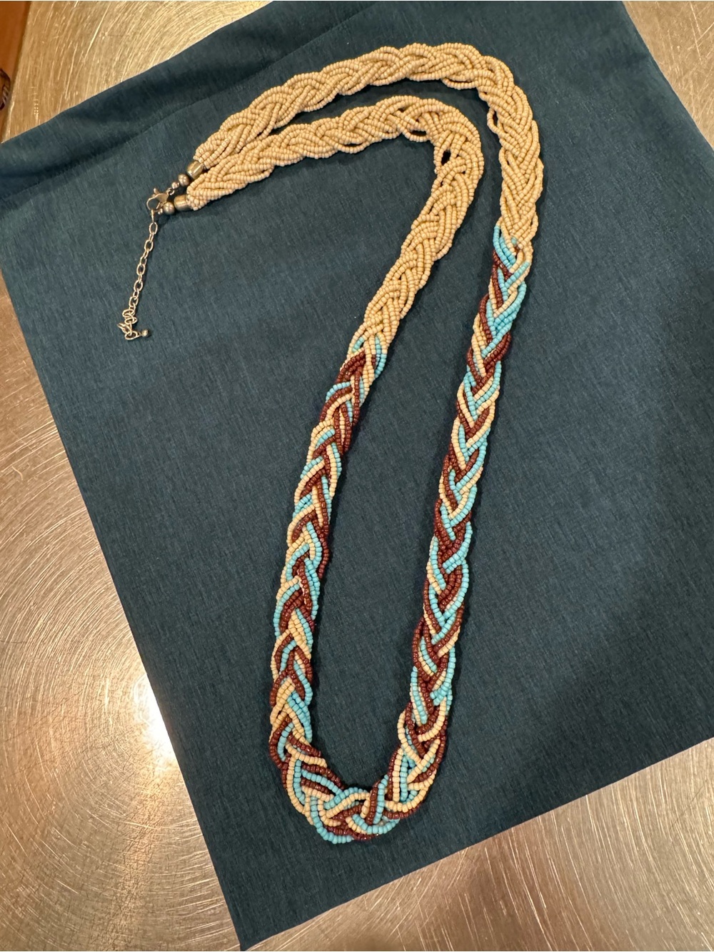 Beaded Braided Necklace in Beige, Turquoise & Brown